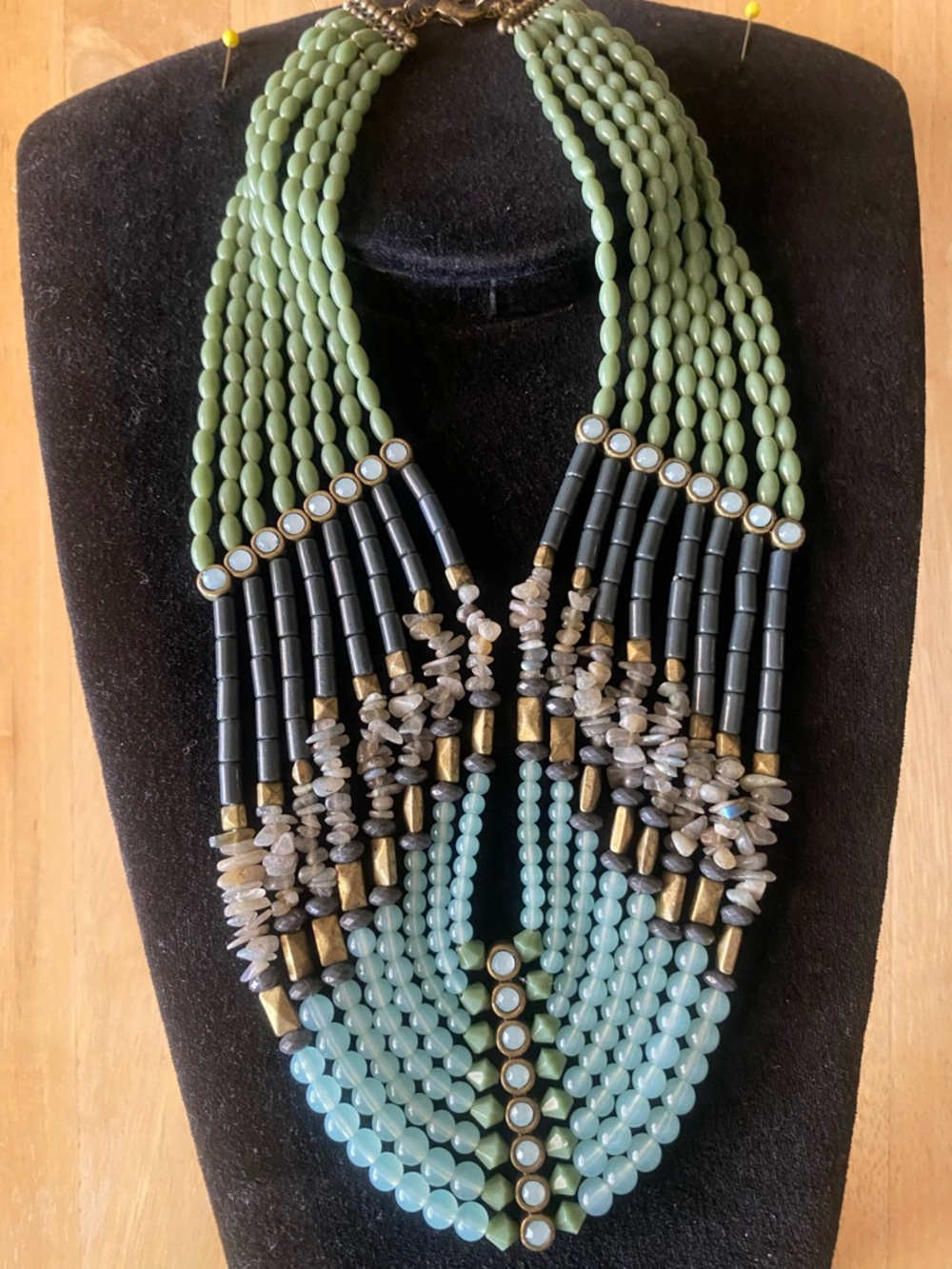 Lia Sophia Olive Green and Aqua Multi-Strand Beaded Statement Necklace